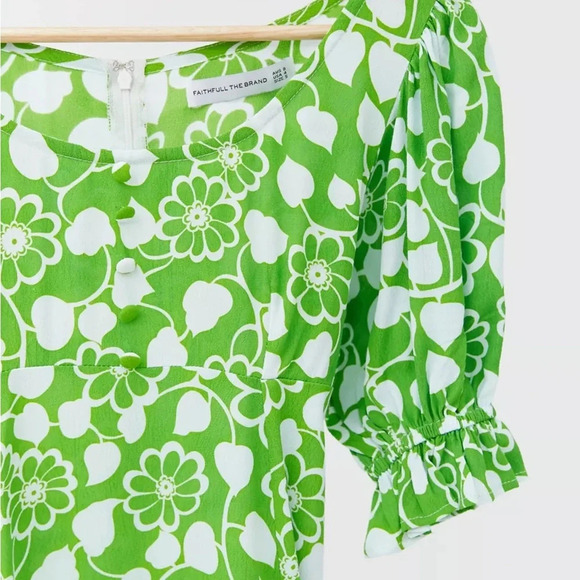 Faithfull The Brand Green Retro Floral Cleo La Barben Puff Sleeve Dress Size 10 - Picture 4 of 5